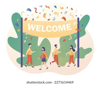 Welcome concept. Friendly team happy to new team member. Event, celebrate, meeting, greeting. Modern flat cartoon style. Vector illustration on white background