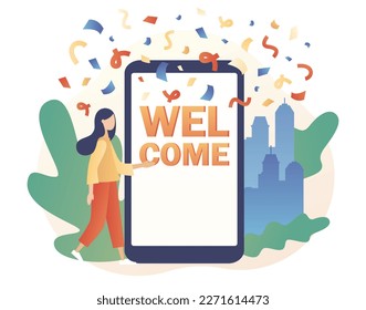 Welcome concept. Friendly team happy to new team member. Event, celebrate, meeting, greeting online. Modern flat cartoon style. Vector illustration on white background
