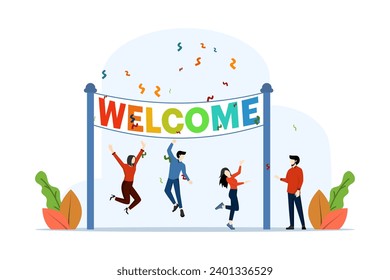 Welcome concept, Friendly team happy with new team member, celebrating, meet, greet, online event. a happy team welcomes newcomers. Modern flat cartoon style, Vector illustration on white background.