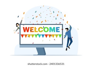 Concepto de bienvenida, equipo amigable feliz con un nuevo miembro del equipo, celebrando, conociendo, saludando, evento en línea. un equipo muy agradable recibe a los recién llegados. Estilo moderno de dibujos animados planos, ilustración vectorial sobre fondo blanco.