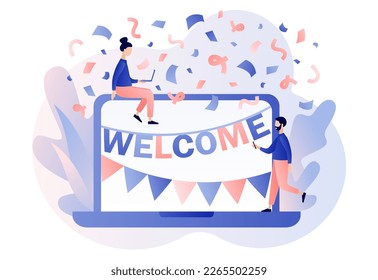 Welcome concept. Online event, celebrate, meeting, greeting. Friendly team happy to new team member. Modern flat cartoon style. Vector illustration on white background
