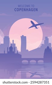 Welcome to Copenhagen, Denmark. Gradient city poster, card with shapes of skyline, waterfront front and airplane. Europe travel vector illustration, print, graphic
