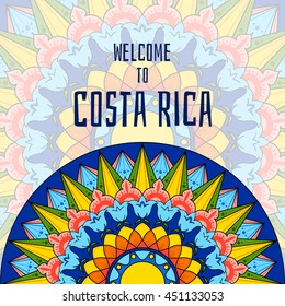 Willkommen in Costa Rica. Boho Stamm bunte Illustration. Touristenschmuck für Banner oder Flyer.