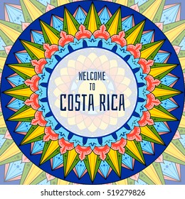 Willkommen in Costa Rica Illustrationsvektor. Dekorierte Teekarreta-Ornament-Radgestaltung für Touristensymbole, Souvenirkarte, Banner oder Flyer.