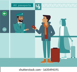 Welcome to the country. Border control counter concept immigration officer checking passport flat vector illustration cartoon character