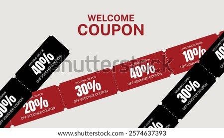 Welcome coupon gift discounts of 10%, 20%, 30% 40%, and percent off in modern red and black gradient colors. Vector design for promo, marketing, promotion, web, marketplace or social media