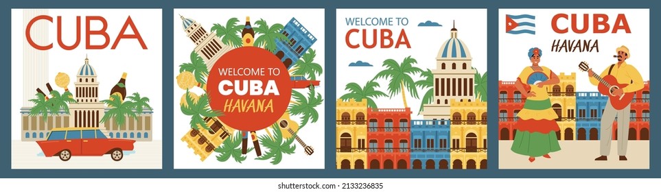 Bienvenidos a la colección de pancartas publicitarias o tarjetas de invitación turística de Cuba, ilustración vectorial plana. Visita Cuba dando la bienvenida a los carteles y haciendo bromas de carteles.