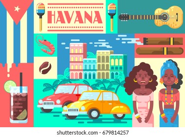 Welcome To Cuba Cute Travel Poster Concept. Vector Illustration With Cuban Culture In Trendy Style. Havana.