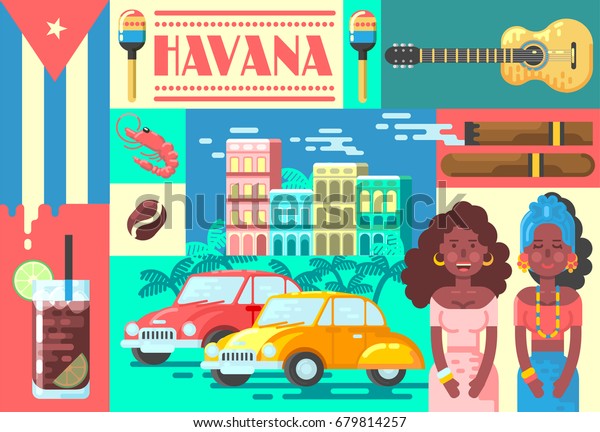 Welcome to Cuba Cute\
Travel Poster Concept. Vector Illustration with Cuban Culture in\
Trendy Style. Havana.