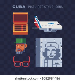 Welcome to Cuba, elements culture pixel art icons set Part2, Cuban cigars, airplane, wall with graffiti, sunglasses. Isolated vector illustration. Travel and tourism. 8-bit. Design sticker, logo, app.