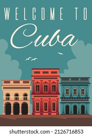 Bienvenidos a Cuba afiche de burla con monumentos de la arquitectura cubana, ilustración plana vectorial. Cartel para agencia de viajes y anuncio de viaje a Cuba.