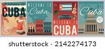 Welcome to Cuba posters set with traditional Cuban culture elements - flat vector illustration. Collection of travel banners with Havana capitol, buildings, cigars and music instruments.