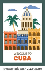 Welcome to Cuba promotion banner or flyer layout with tourists Cuban landmarks. Cuba journey and tourism advertising banner or poster template, flat vector illustration.