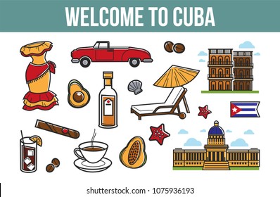 Welcome to Cuba promotional poster with cultural symbols