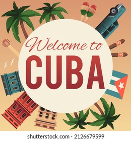 Welcome to Cuba square travel banner or poster design, flat vector illustration. Cuba tourist trip promotion banner or postcard, tourists invitation card.