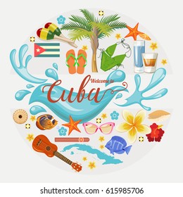 Welcome to Cuba  Travel poster concept. Vector illustration with Cuban culture in trendy style. Havana.