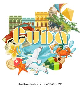 Welcome to Cuba  Travel poster concept. Vector illustration with Cuban culture in trendy style. Havana.