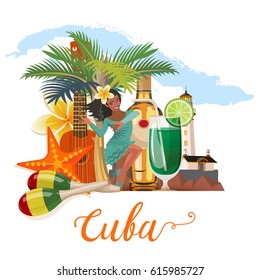 Welcome to Cuba  Travel poster concept. Vector illustration with Cuban culture in trendy style. Havana.