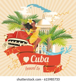 Welcome To Cuba  Travel Poster Concept. Vector Illustration With Cuban Culture In Trendy Style. Havana.