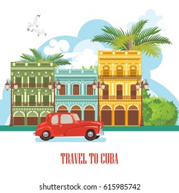 Welcome to Cuba  Travel poster concept. Vector illustration with Cuban culture in trendy style. Havana.