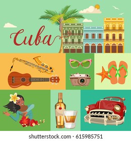 Welcome to Cuba  Travel poster concept. Vector illustration with Cuban culture in trendy style. Havana.