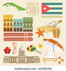 Welcome to Cuba  Travel poster concept. Vector illustration with Cuban culture in trendy style. Havana.