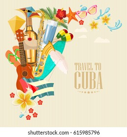 Welcome To Cuba  Travel Poster Concept. Vector Illustration With Cuban Culture In Trendy Style. Havana.