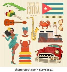 Welcome To Cuba  Travel Poster Concept. Vector Illustration With Cuban Culture In Trendy Style. Havana.