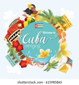 Welcome to Cuba  Travel poster concept. Vector illustration with Cuban culture in trendy style. Havana.