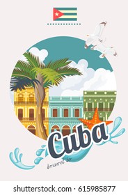 Welcome to Cuba  Travel poster concept. Vector illustration with Cuban culture in trendy style. Havana.