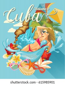 Welcome to Cuba  Travel poster concept. Vector illustration with Cuban culture in trendy style. Havana.