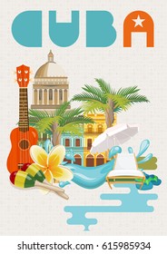 Welcome To Cuba  Travel Poster Concept. Vector Illustration With Cuban Culture In Trendy Style. Havana.