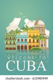 Welcome to Cuba  Travel poster concept. Vector illustration with Cuban culture in trendy style. Havana.