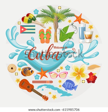 Welcome to Cuba  Travel poster concept. Vector illustration with Cuban culture in trendy style. Havana.