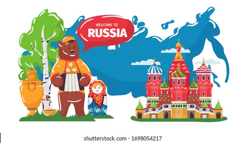 Willkommen in der Kultur von Russland Vektorgrafik. Cartoon-Wohnung Russisches traditionelles Kultursymbol, Puppe, Bär mit Akkordeon und Samovar stehen in der Nähe der Basil-Kathedrale. Russisches Volkskunst-Konzept