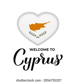 Welcome to Cyprus calligraphy hand lettering with national flag in heart shape isolated on white background. Vector template for typography poster, postcard, banner, flyer, sticker, t-shirt, etc. 