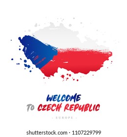 Welcome to Czech Republic. Europe. Flag and map of the country of Czech Republic from brush strokes. Lettering. Vector illustration on white background.