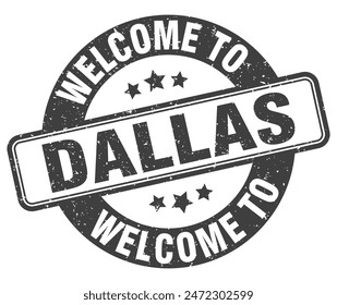 Willkommen bei der Briefmarke von Dallas. Dallas rundes Zeichen isoliert auf weißem Hintergrund