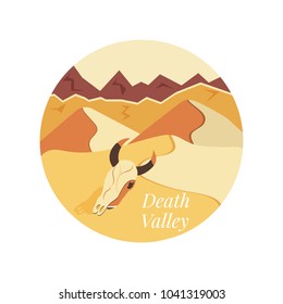 Welcome To Death Valley Poster. Sand Dunes, Rock Mountains And Animal Skull