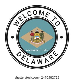 Welcome To Delaware isolated Round Sign, Stamp, Sticker with Flag vector illustration