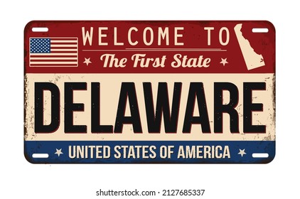 Welcome to Delaware vintage rusty license plate on a white background, vector illustration