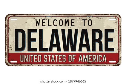 Bienvenido a la placa de metal oxidado vintage de Delaware sobre un fondo blanco, ilustración vectorial