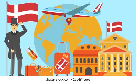 Welcome to Denmark postcard. Travel and safari concept of Europe world map vector illustration with national flag