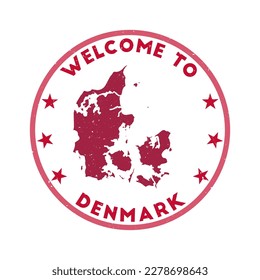 Welcome to Denmark stamp. Grunge country round stamp with texture in red tape color theme. Vintage style geometric Denmark seal. Trendy vector illustration.