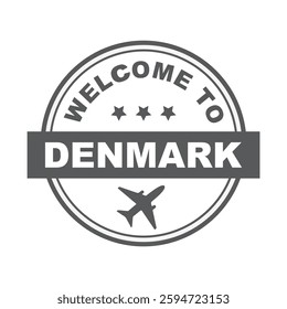 Welcome to Denmark word with airplane - icon, round rubber, seal, stamp.