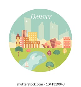 Welcome to Denver poster. View on  lake and skyscrapers