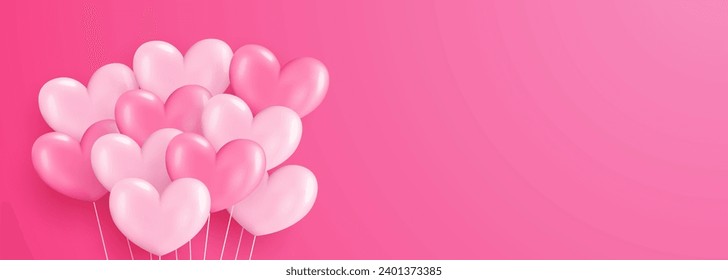 Welcome design in national pink color with realistic flying heart shaped helium balloons. Valentine celebration background, festival, welcome banner, card and poster.