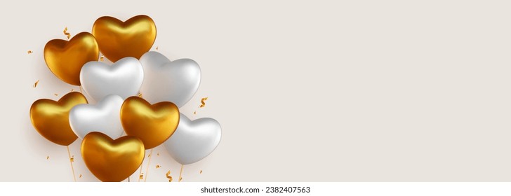Welcome design in national shiny gold and white colors with realistic flying heart shaped helium balloons. Celebration background, festival, welcome banner, card and poster.