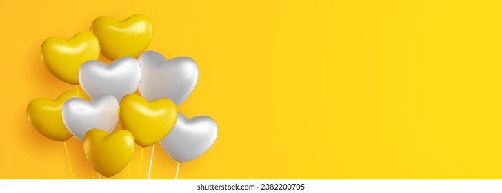 Diseño de bienvenida en colores nacionales brillantes amarillos y blancos con globos de helio con forma de corazón volador realista. Antecedentes de la celebración, festival, pancarta de bienvenida, tarjeta y afiche.