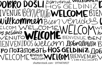 Welcome in different languages seamless pattern texture background design for fashion graphics, textile prints, decors, wallpapers etc